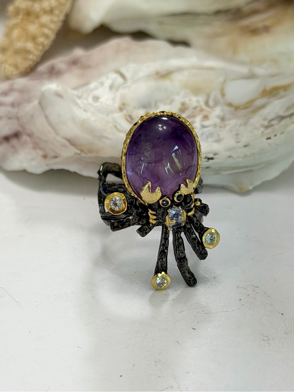 Artist Designed Coastal Sea Life Crab Amethyst Sterling Silver & 14k Ring - Picture 2 of 4